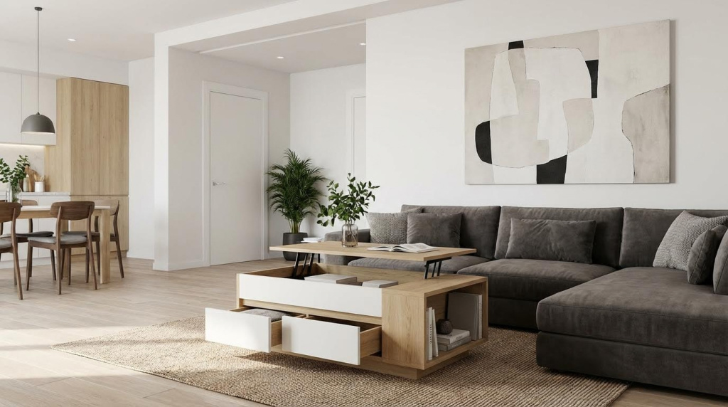 Salon moderne avec table basse italienne multifonctionnelle, intégrant rangements et design minimaliste.