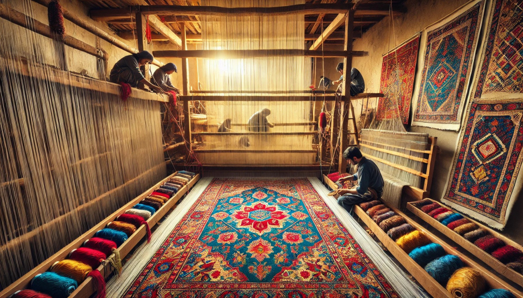 Artisans nouant un tapis sur un métier vertical