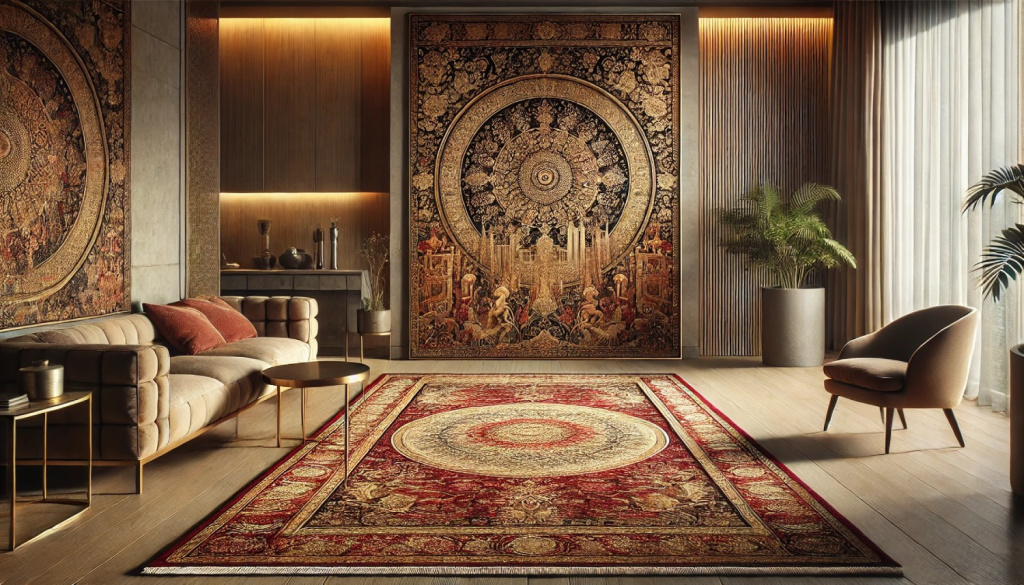 Salon avec tapis ancien fait main en pièce centrale