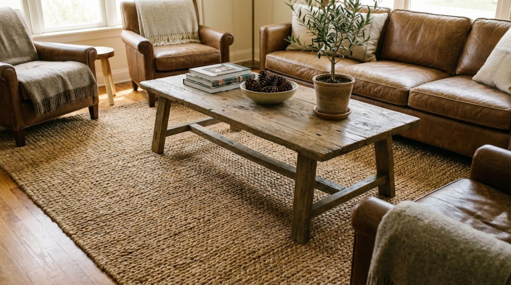 Tapis en fibres naturelles sous une table basse en bois, apportant chaleur et équilibre.