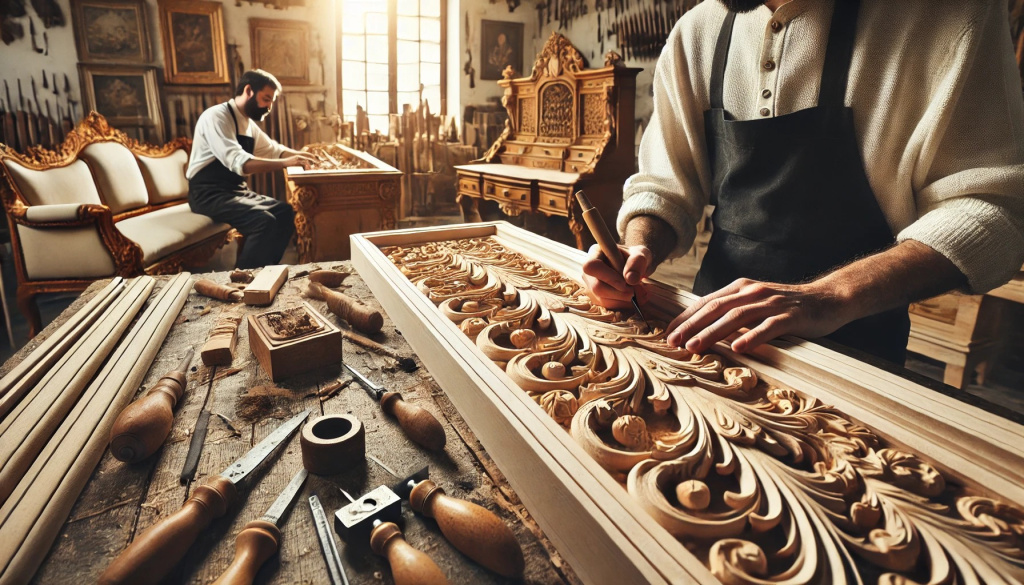 Artisans sculptant à la main du mobilier italien dans un atelier