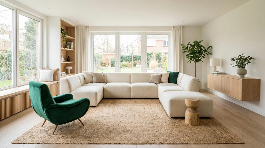 Salon lumineux avec canapé modulable et fauteuil élégant, maximisant l’espace sans sacrifier le confort.