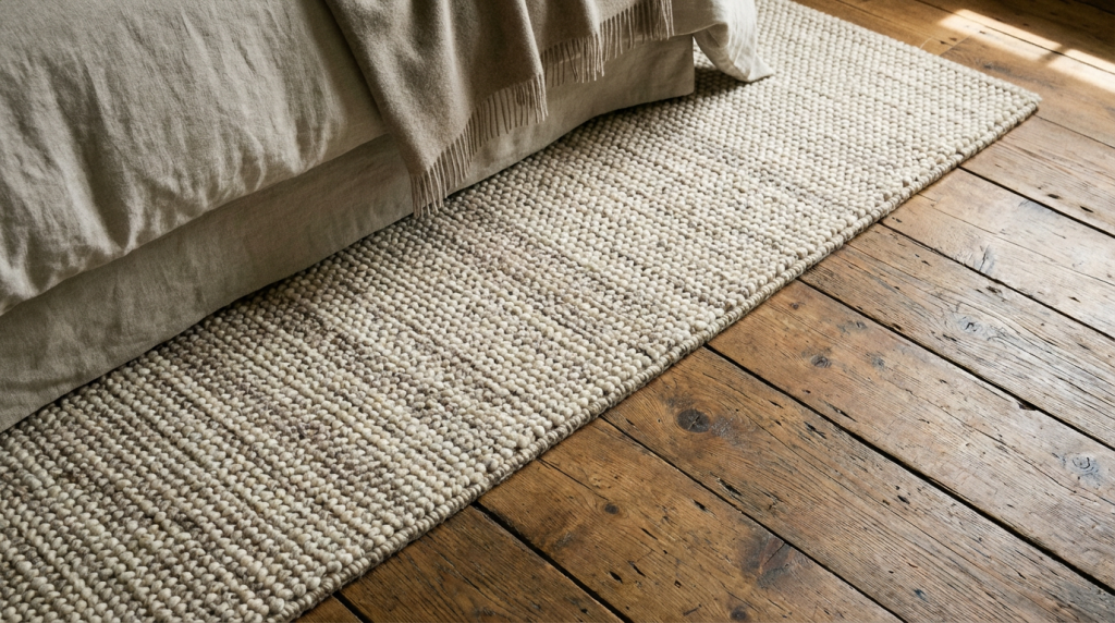 Gros plan sur un tapis texturé en laine sous un lit, mettant en valeur le contraste avec le parquet.