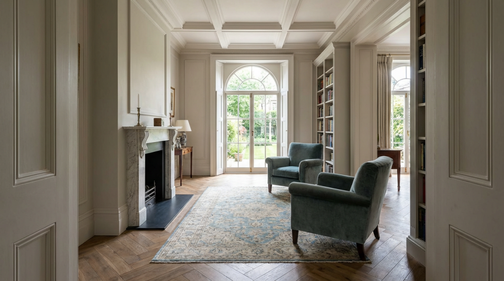 Chambre aux proportions plus étroites avec tapis légèrement plus petit, laissant apparaître le sol autour.