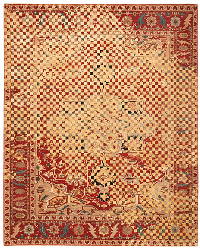 Tapis Serapi Victoria Damier Raved Rouge Doré Soie