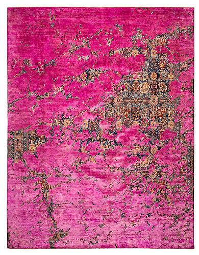 Tapis Tabriz Canal Aerial Bleu Marine Rose Néon Soie