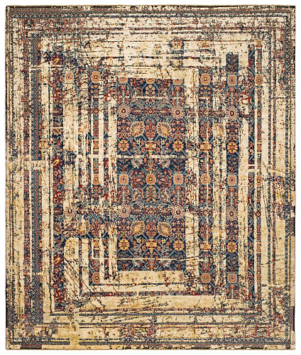 Tapis Tabriz Canal Cadre Bleu Marine Blanc Cassé Soie