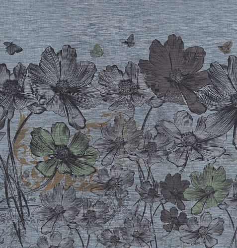 Papier peint fleurs denim