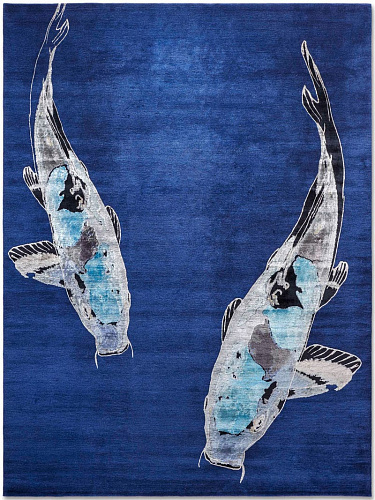 Tapis noué main de luxe Poisson Bleu