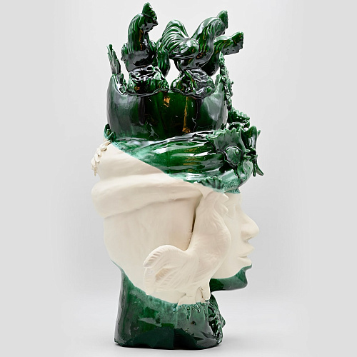 Sculpture Unique Tête De Maure Vert Et Blanc