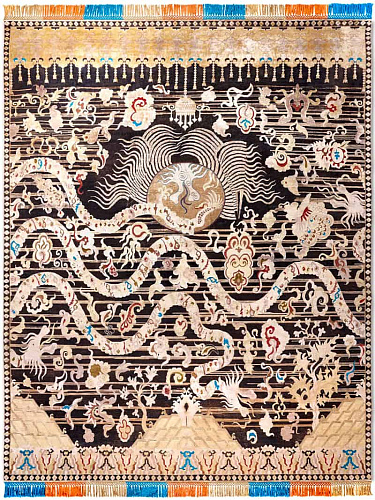 Tapis noué main Dragon Noir / Or
