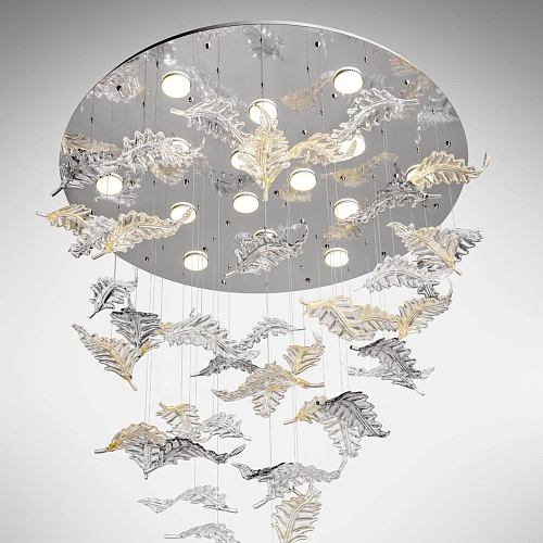 Lustre Feuilles de Murano avec Réflecteur en Acier Inoxydable