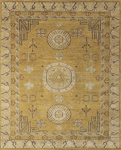 Tapis Jaune en Laine Khotan Noué à la Main