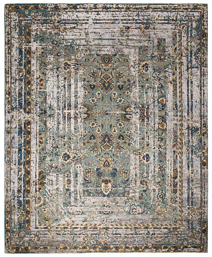Tapis Kirman Fleur Cadre Vert Gris Foncé Soie