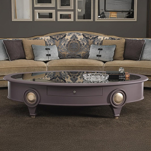 Table basse ovale avec plateau en miroir fumé