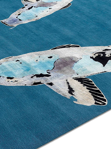 Tapis noué main de luxe Poisson Bleu sur Turquoise