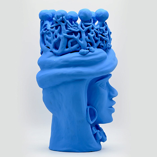 Sculpture Tête De Maure Bleu Clair Artisanale