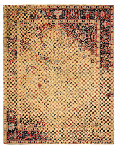 Tapis Serapi Queensbury Damier Raved Noir Doré Soie