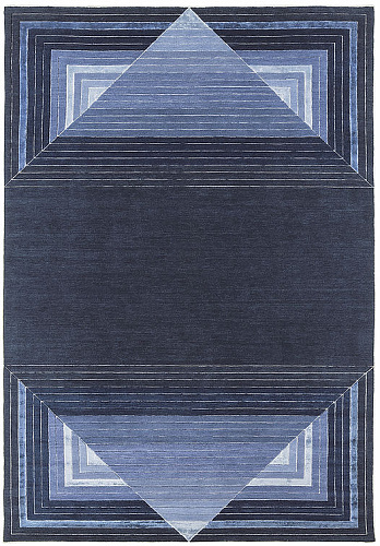 Tapis Géométrique Bleu en Laine et Viscose Noué à la Main