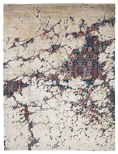 Tapis Tabriz Canal Aerial Bleu Marine Blanc Cassé Soie